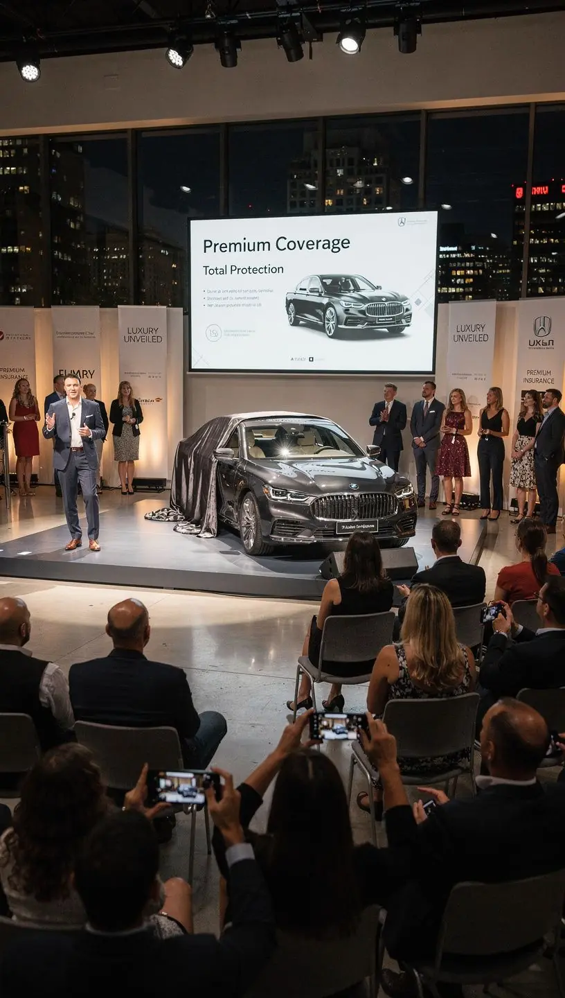 Samochód na drodze, otoczony znakami drogowymi, symbolizujący bezpieczeństwo i ochronę ubezpieczeniową.