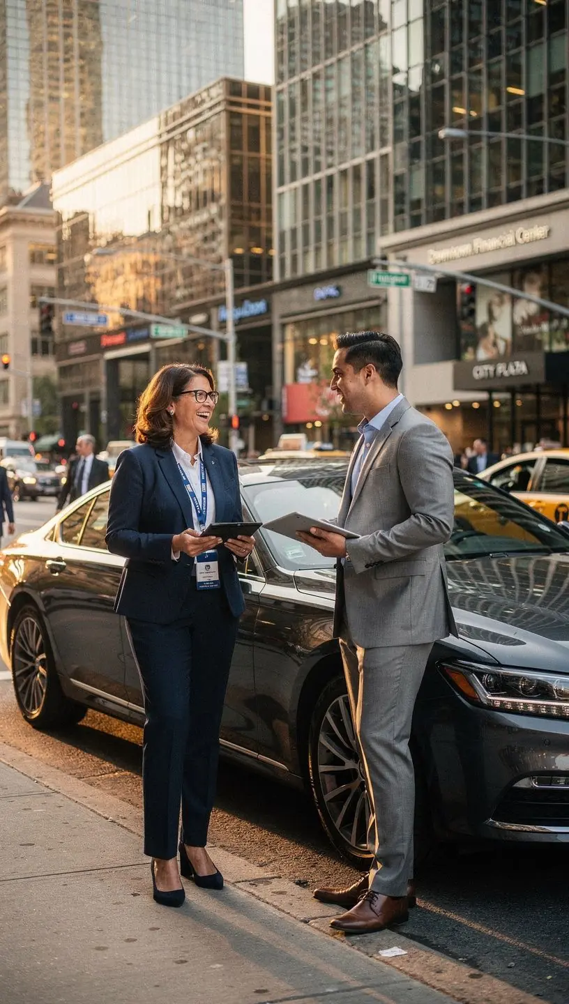 Ujęcie przedstawiające samochód osobowy z ubezpieczeniem premium, zaparkowany na tle nowoczesnego miasta.