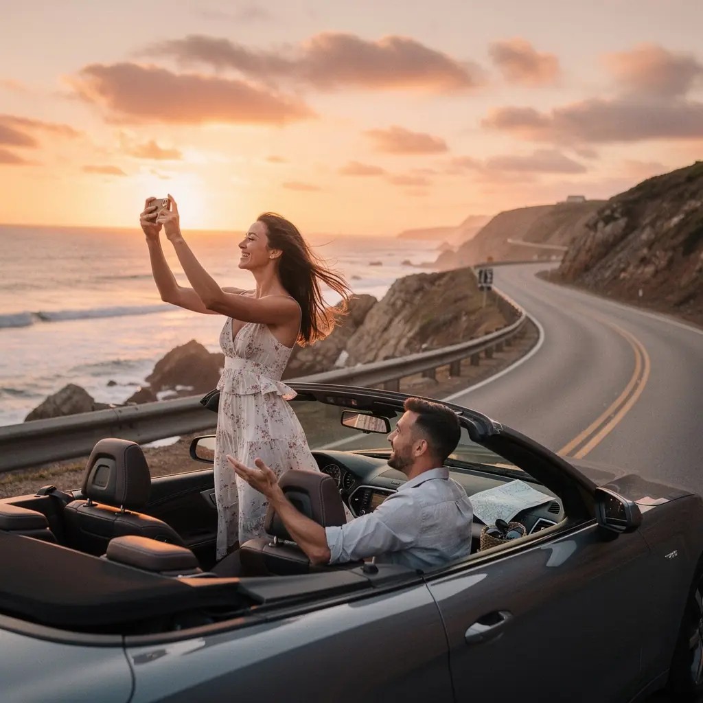 Uśmiechnięty kierowca trzymający polisę ubezpieczeniową na tle nowoczesnego samochodu.