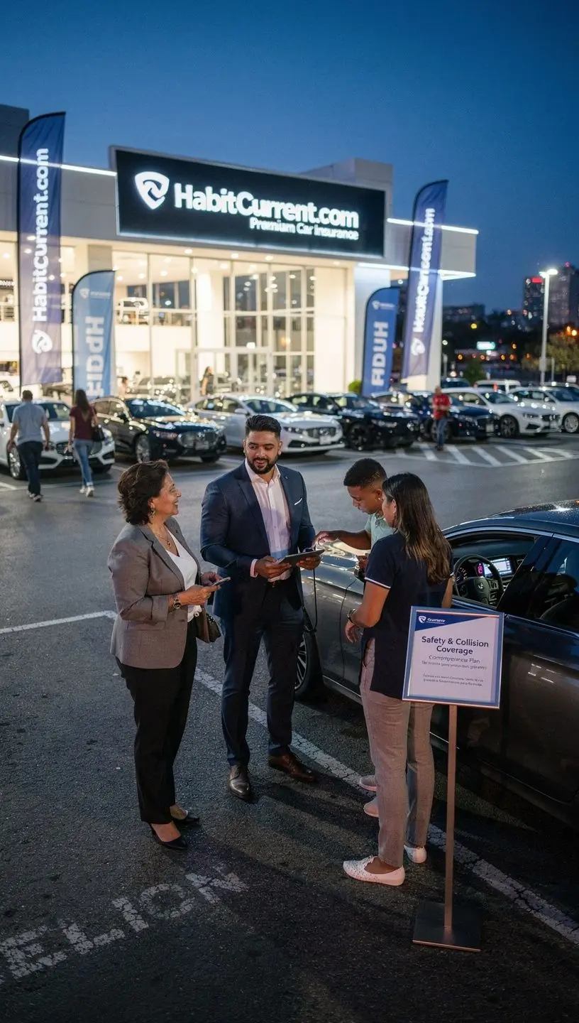 Ujęcie przedstawiające nowoczesny samochód zaparkowany na tle miasta, symbolizujący luksusowe ubezpieczenie samochodowe.